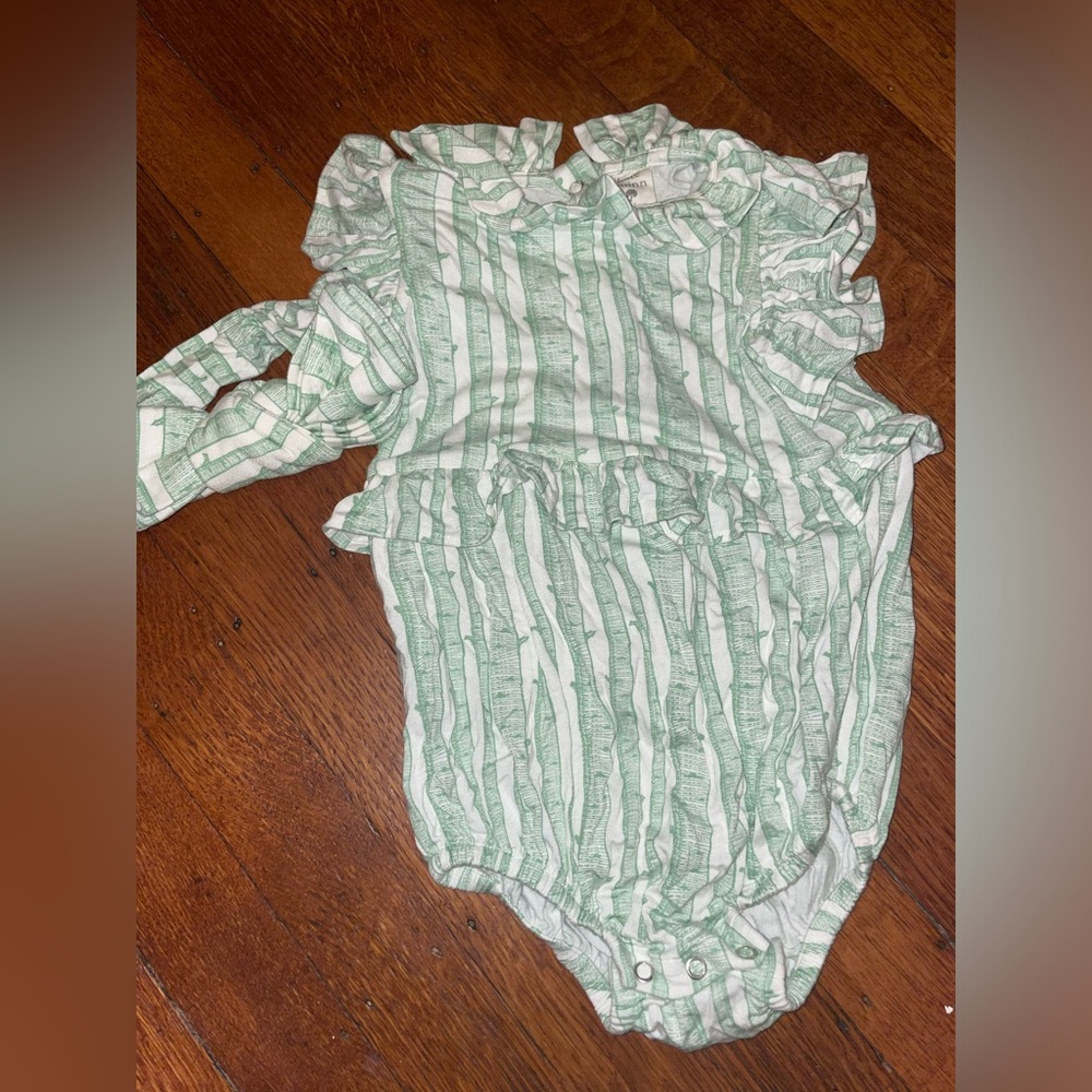 Seafoam green white birch tree trunk print sleeveless ruffle bubble + headband